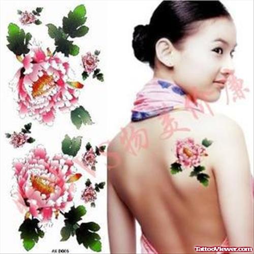 Pink Peony Flower Tattoo On Right Back Shoulder