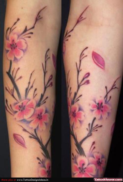 Pink cherry Blossom Flowers Tattoos On Sleeve