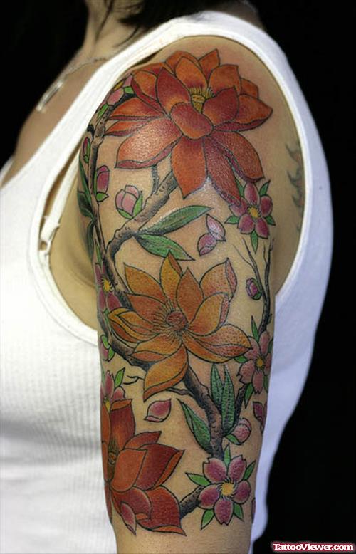 Left Half Sleeve Flower Tattoo