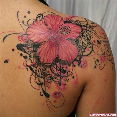 Hawaiian Flower Tattoo On Right Back Shoulder