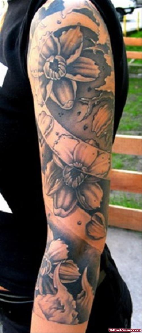 Grey Ink Flower Tattoos On Left Sleeve