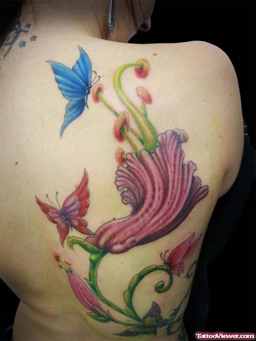 Colored Butterflies And Flower Tattoo On Back Shoulder