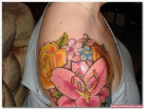 Color Flowers Tattoos Right Shoulder
