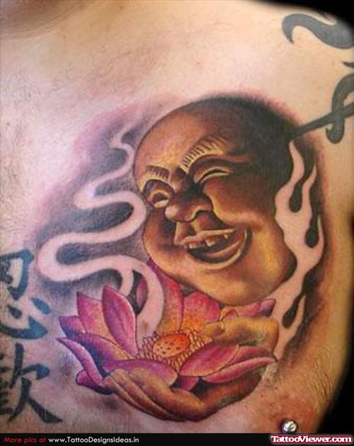 Buddha And Lotus Flower Tattoo On Chest