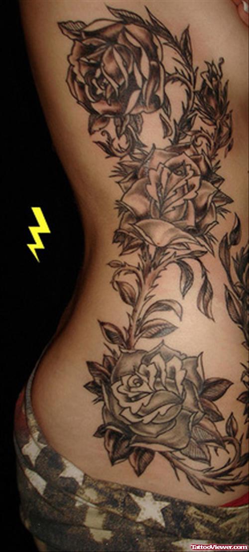 Amazing Grey Ink Flower Tattoos On Side