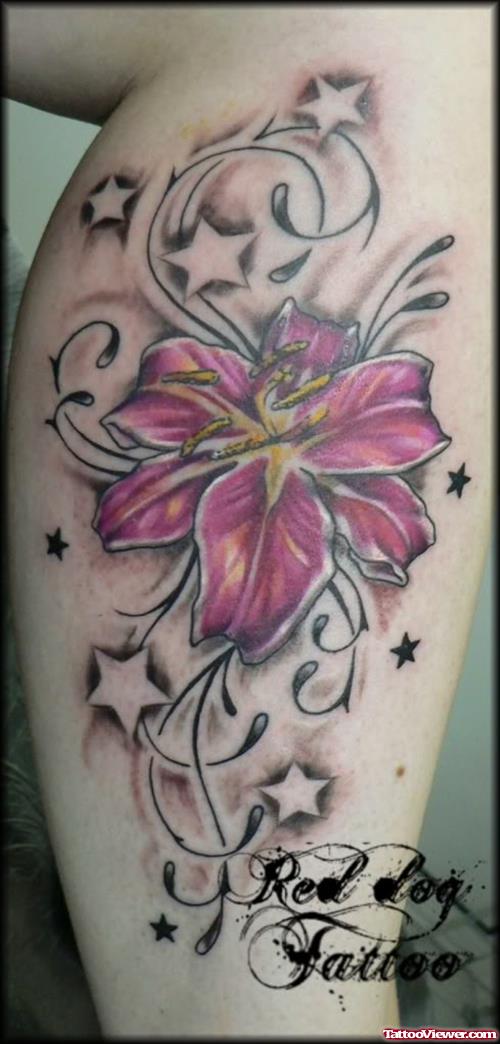 Stars And Pink Flower Tattoo On Leg