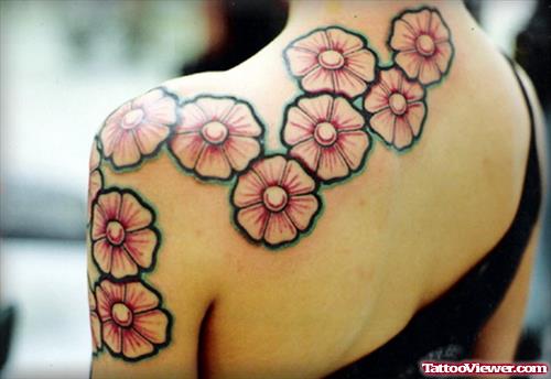 Red Flower Tattoos on Upper SHoulder