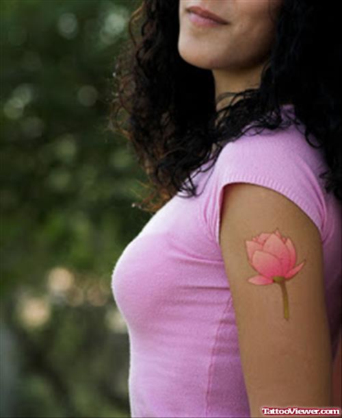 Pink Flower Tattoo On Left Bicep