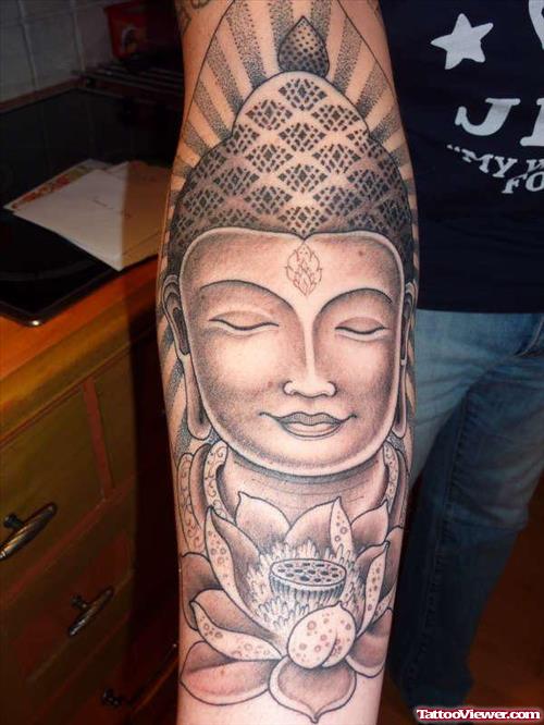 Grey Ink Budha And Lotus Flower Tattoo On Arm