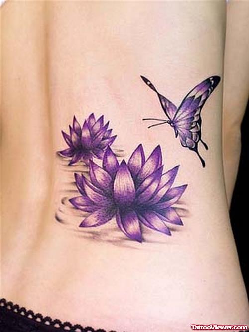 Flying Purple Butterfly And Lotus Flowers Tattoo On Side