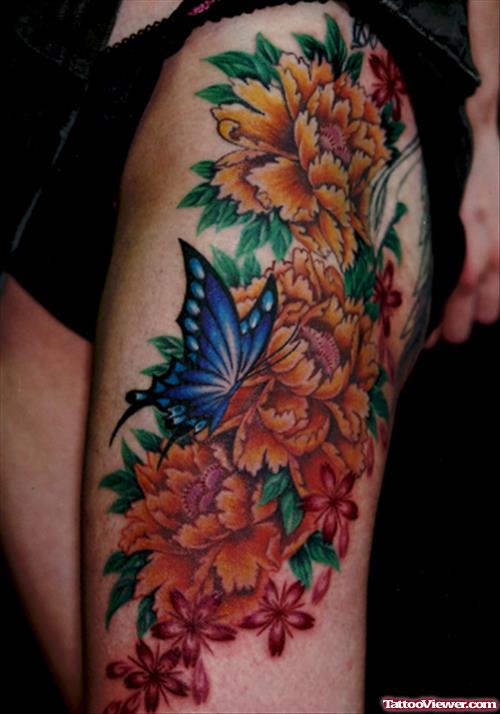 Flowers Tattoos On Left Thigh