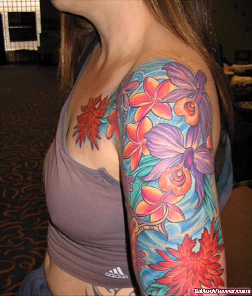 Colored Flowers Tattoos On Left Half Sleeve
