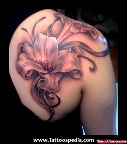 Attractive Grey Ink Flower Tattoo On Right Back Shoulder