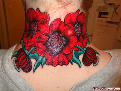 Red Flowers Tattoos On Neck