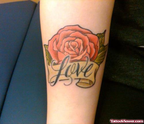 Love Banner and Rose Flower Tattoo