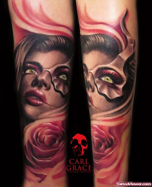 Girl Head And Flower Tattoo