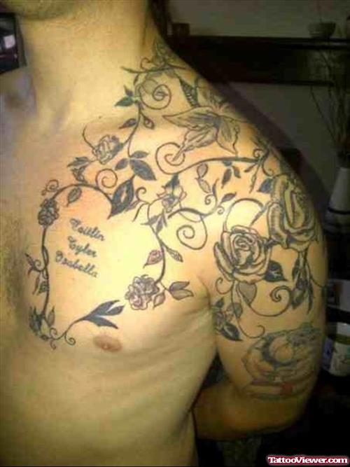 Flowers Tattoos On Man Left Shoulder