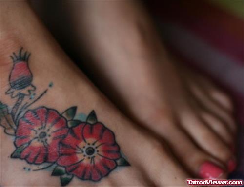 Flowers Tattoos On Girl Right Foot