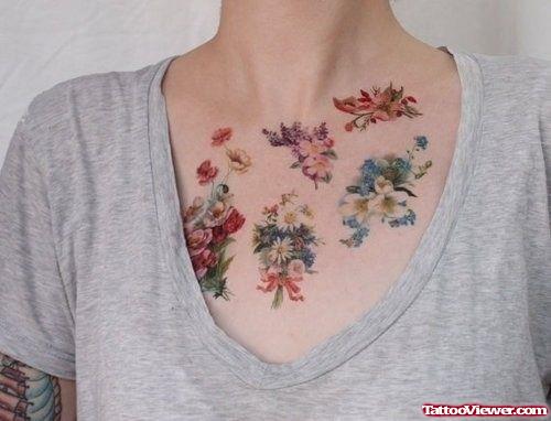 Colored Flowers Tattoos On Chest