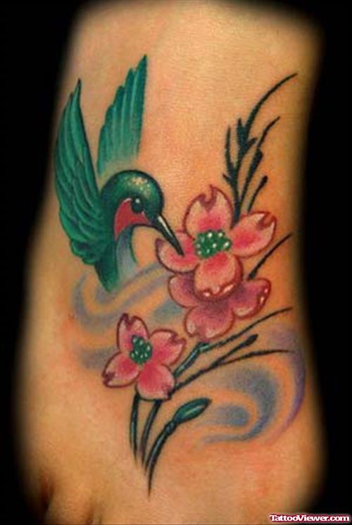 Color Hummingbird and Flower Tattoo On Foot