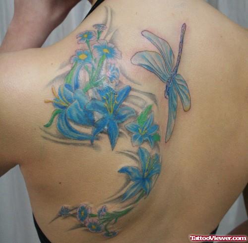 Blue Ink Dragonfly And Flowers Tattoos On Back