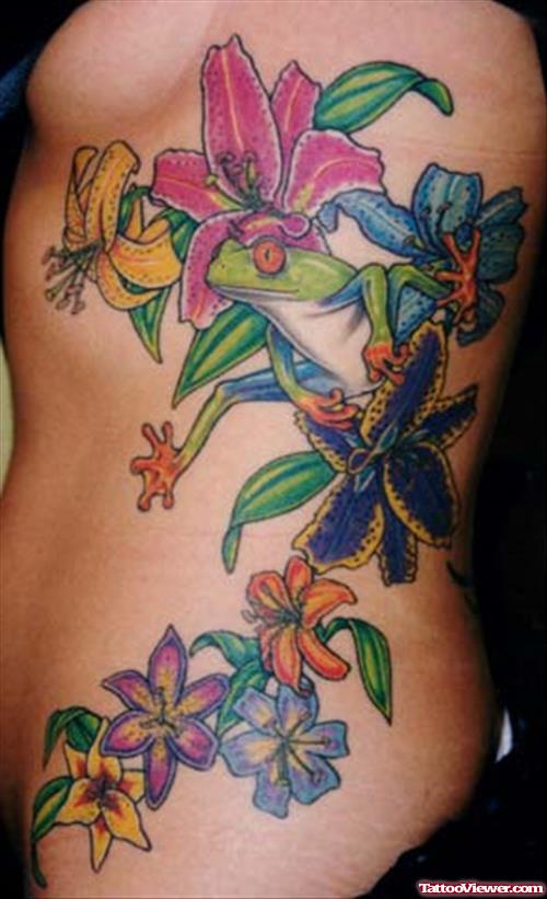 Awesome Colored Flowers Tattoos On Rib