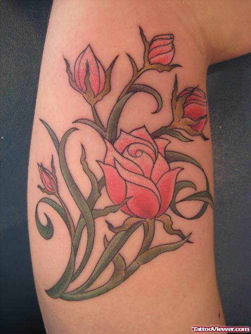 Red Flowers Tattoo On Arm