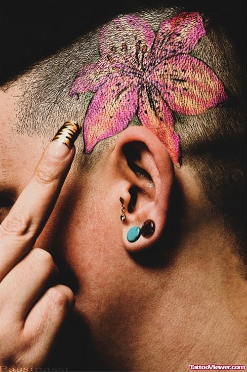 Pink Lily Flower Tattoo On Head