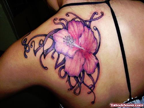 Pink Hibiscus Flower Tattoo On Left Back Shoulder