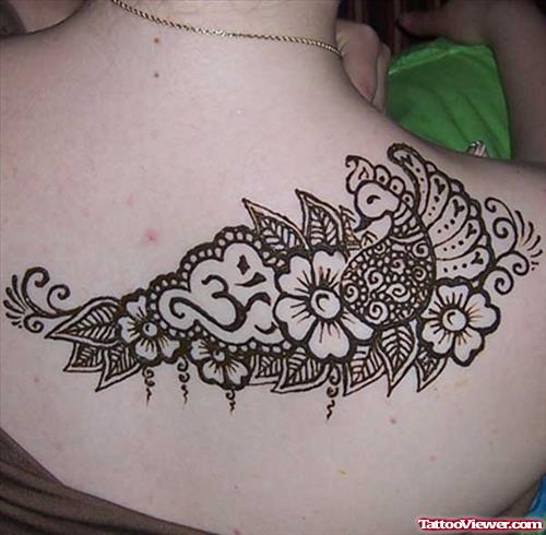 Om Symbol and Henna Flower Tattoo On Upperback