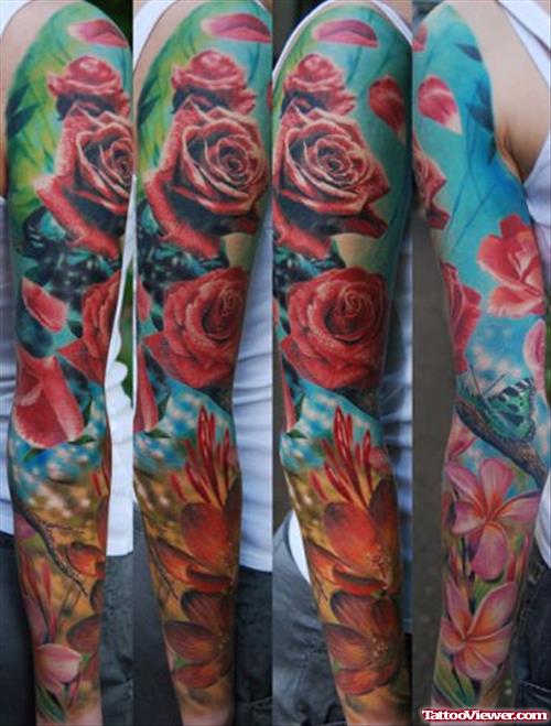 Colored Flowers Tattoos On Sleeve