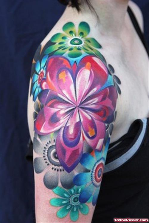 Color Flowers Tattoos On Right Shoulder