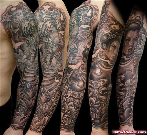 Amazing Grey Ink Flower Tattoos On Sleeve