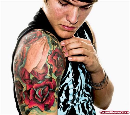 Praying Hands And Red Roses Flower Tattoo On Right Shoulder