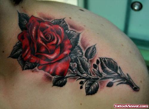Red Rose Flower Tattoo On Left Shoulder