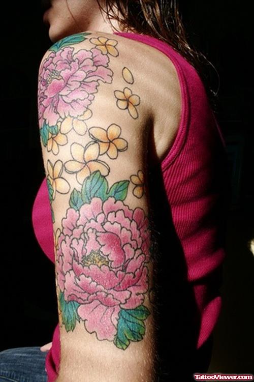 Peony Flower Tattoo On Left Half Sleeve