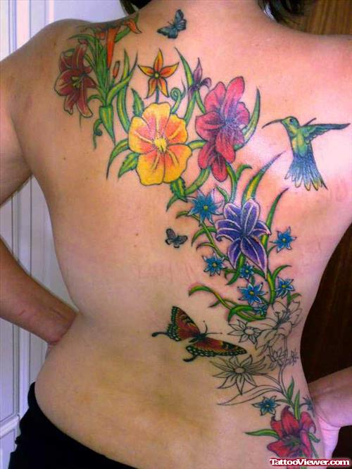 Flowers Tattoos On Girl Back Body