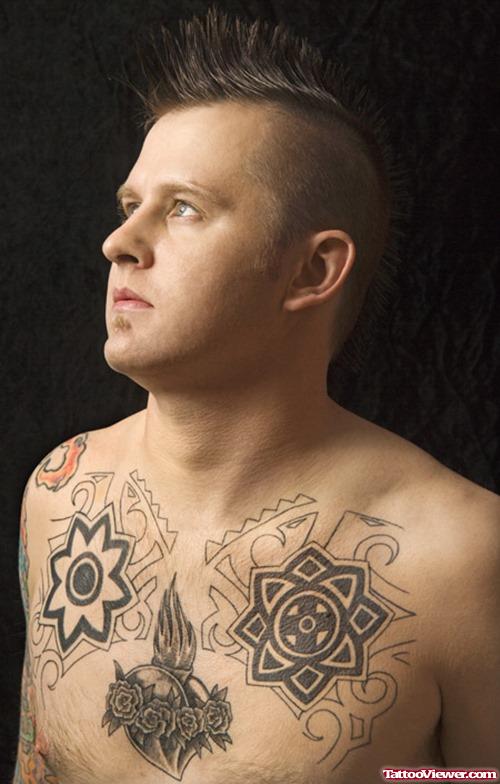 Geometric Dotwork Flower Tattoo On Man Chest