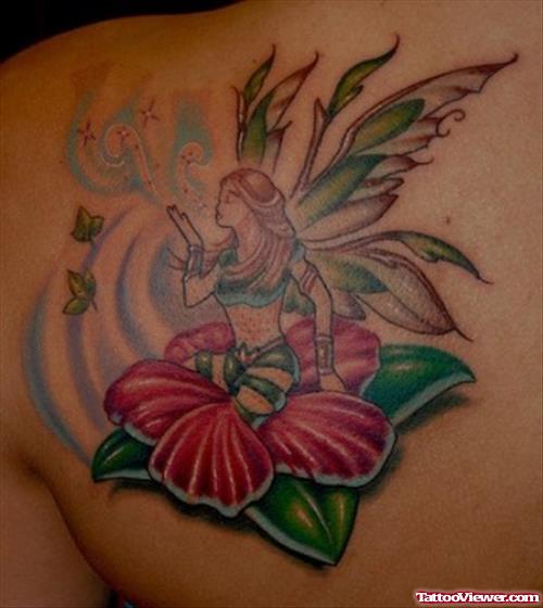 Fairy And Flower Tattoo On Back Shoulder
