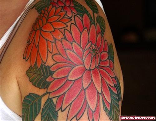Awesome Colored Flowers Tattoos On Left Shoulder