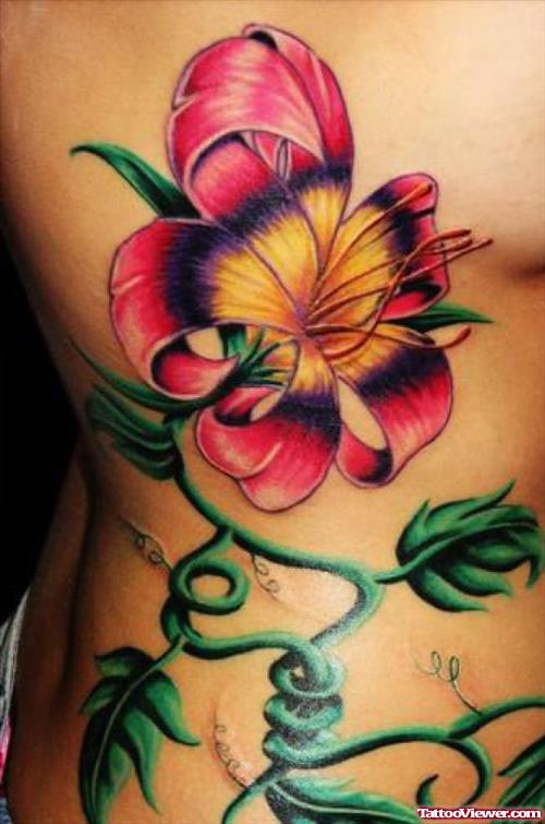 Awesome Color Flower Tattoo On Rib Side