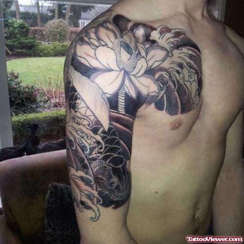 Grey Ink Flower Tattoo On Right Shoulder