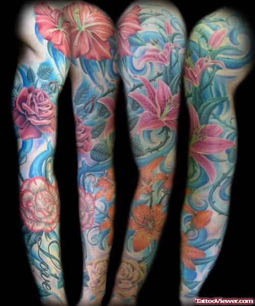 Colored Flowers Tattoos Design For Sleeve