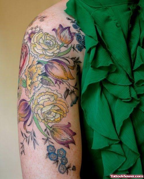 Color Flowers Tattoos On Half Sleeve