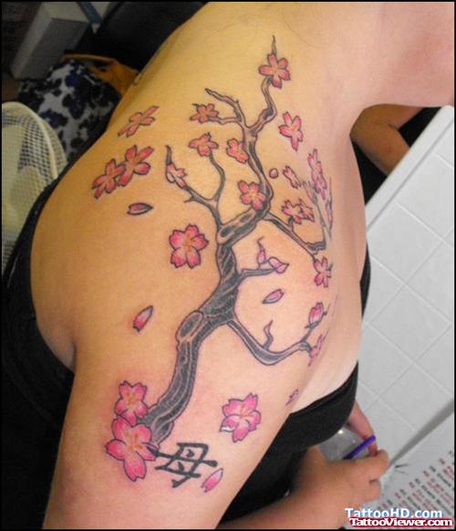 Cherry Blossom Flowers Tattoos On Right Shoulder