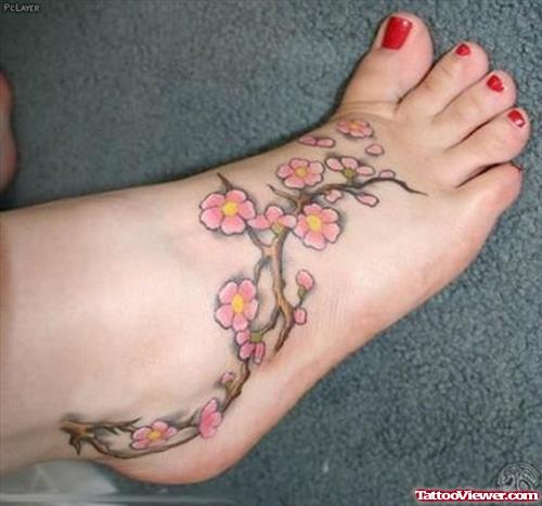 Cherry Blossom Flowers Tattoos On Right Foot