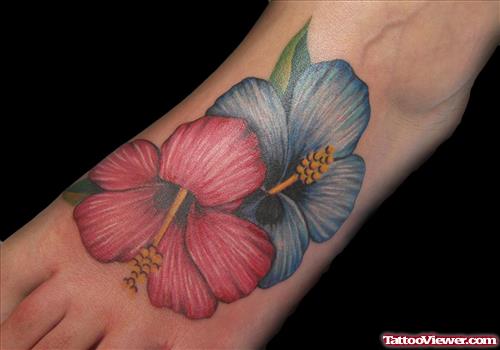 Blue and Red Flower Tattoo On Left Foot