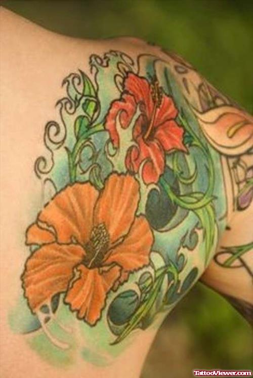 Best Hawaiian Flower Tattoo On Right Back Shoulder