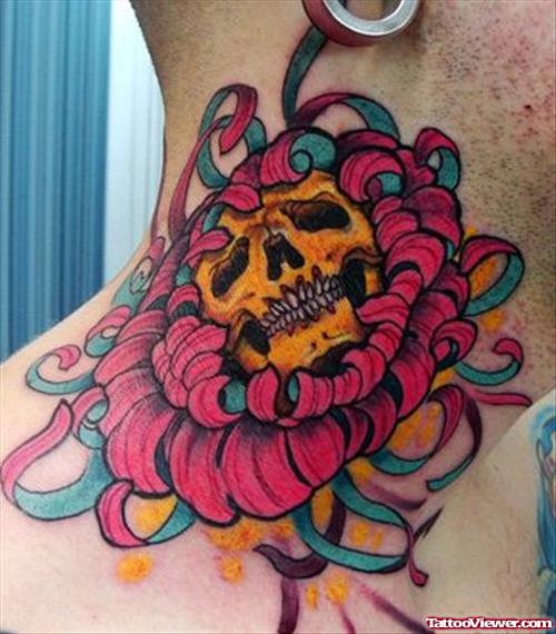 Skull Flower Tattoo On Side Neck