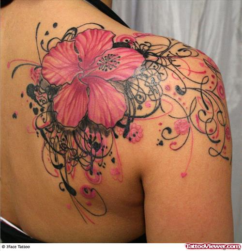 Right Back SHoulder Pink Flower Tattoo